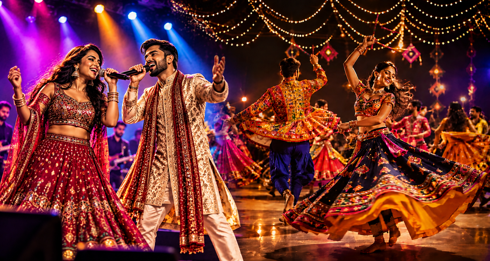 Gujarati garba dancers in traditional colourful attire
